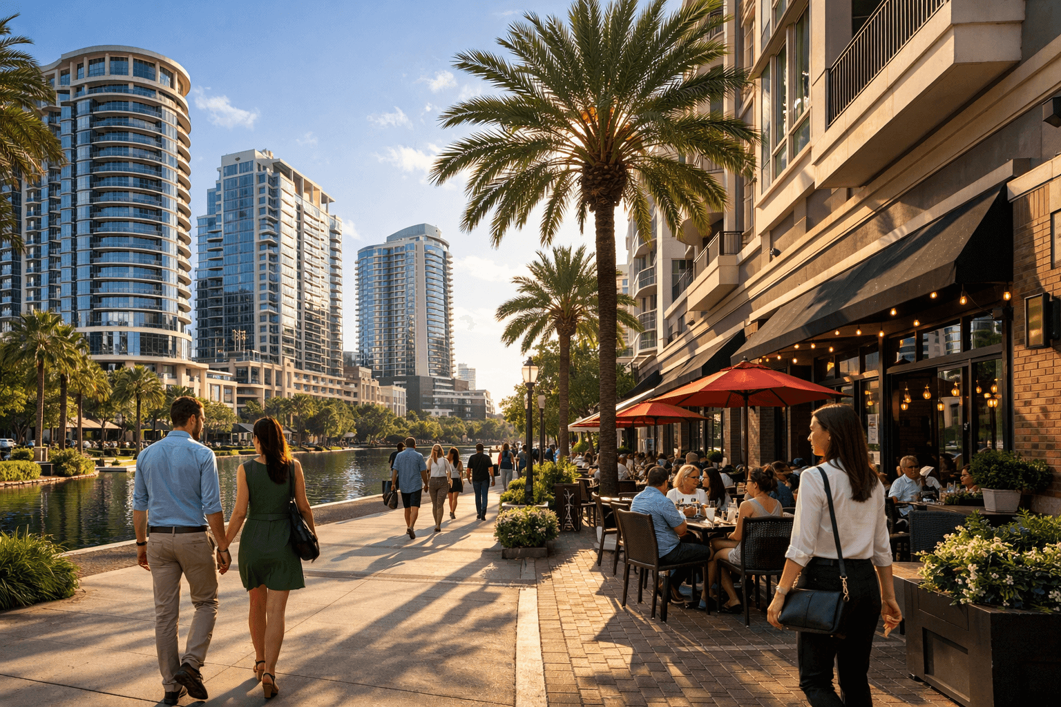 Downtown Orlando skyline with nearby condos, restaurants, and walkable city streets