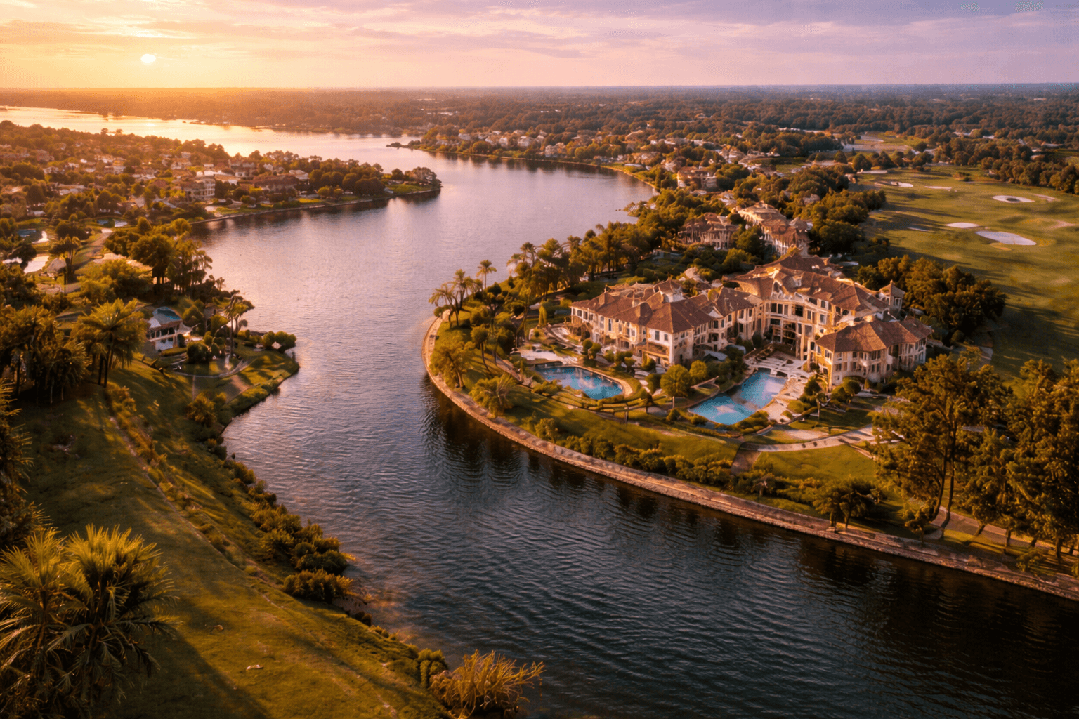 Aerial view of luxury homes in Isleworth Windermere Florida on the Butler Chain of Lakes