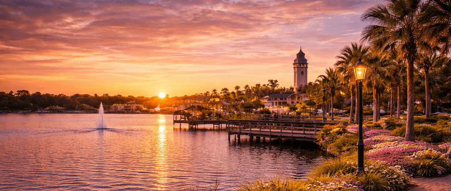Starke Lake waterfront at sunset in Ocoee Florida with palm trees and lakeside walkway