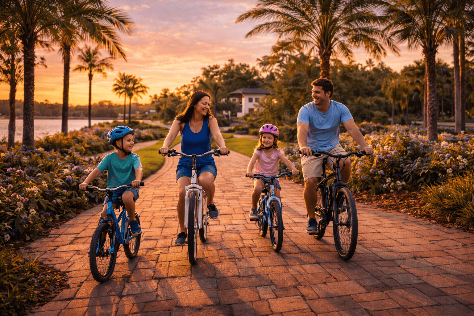Family riding bicycles on a scenic path near Ocoee parks and West Orange County trails