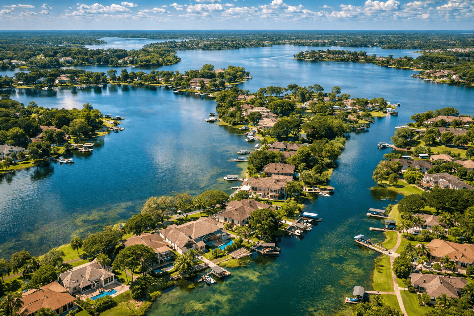 Aerial view of luxury waterfront homes along the Butler Chain of Lakes in Windermere Florida
