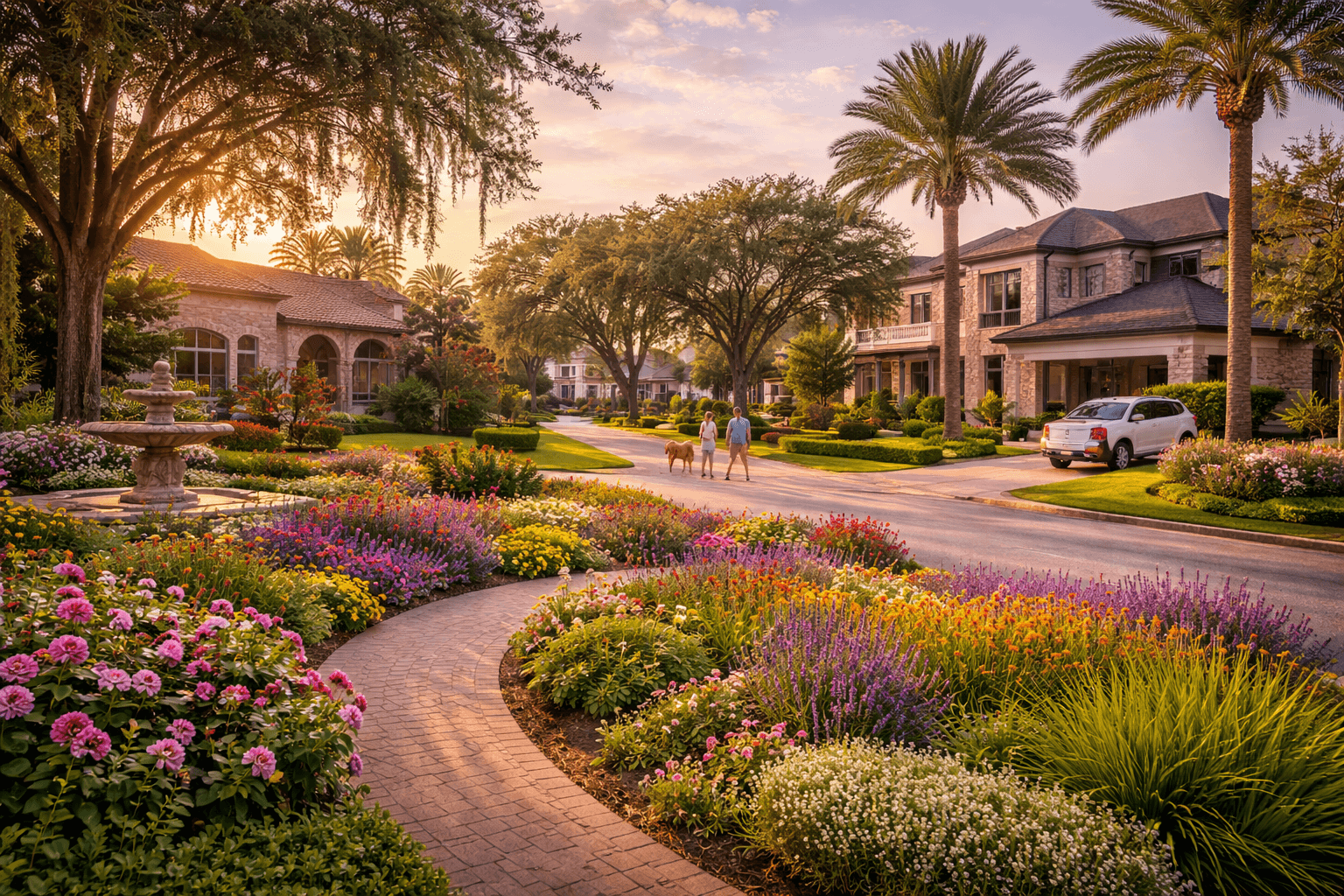 Beautiful residential neighborhood with landscaped streets and homes in Winter Garden Florida