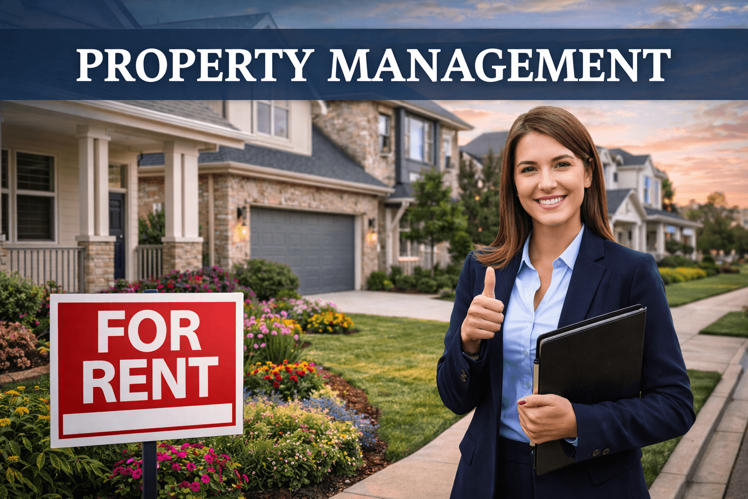 Property manager standing in front of a rental home with a for rent sign