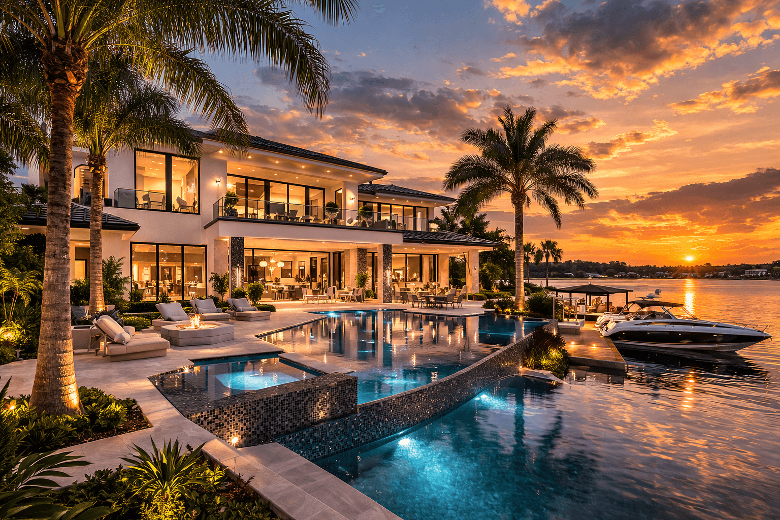 Luxury lakefront estate with upscale outdoor living and elegant design