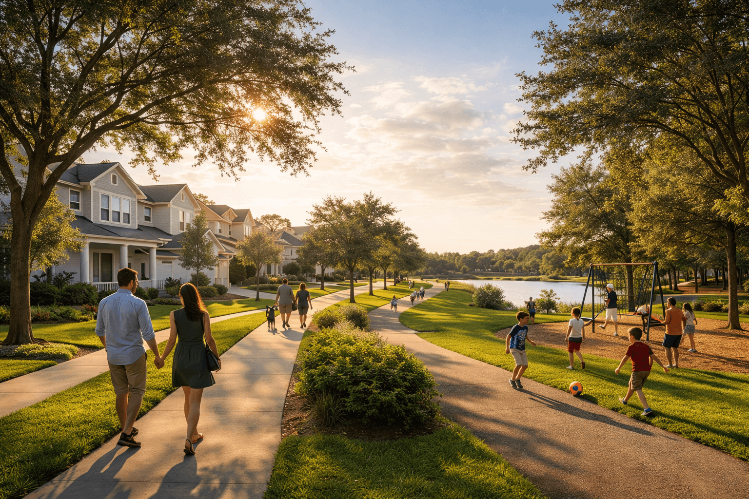 Tree-lined Clermont neighborhood with homes and community landscaping