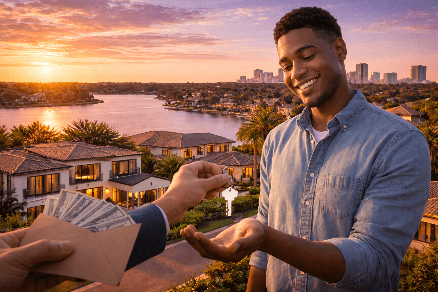 Central Florida home buyer receiving house keys and cash back reward through real estate cash back program in Orlando Florida